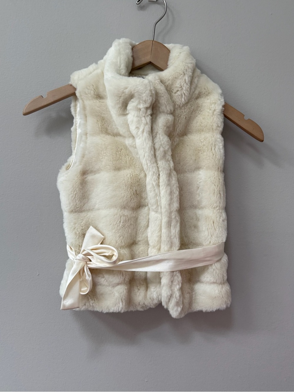 Cream Faux Fur Kids Vest with Satin Tie Belt